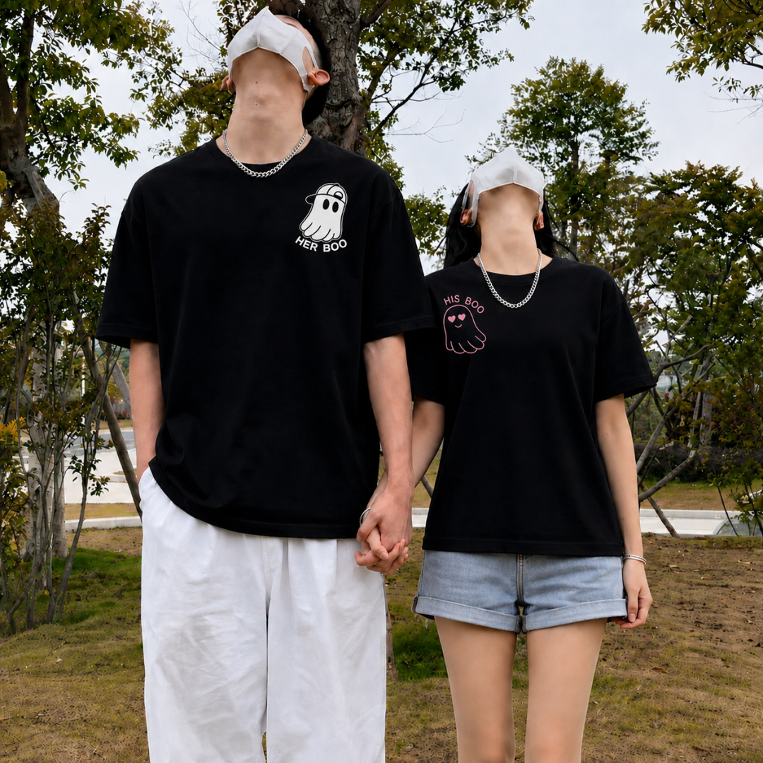 “Her Boo / His Boo” Oversized Couple T-Shirt Combo